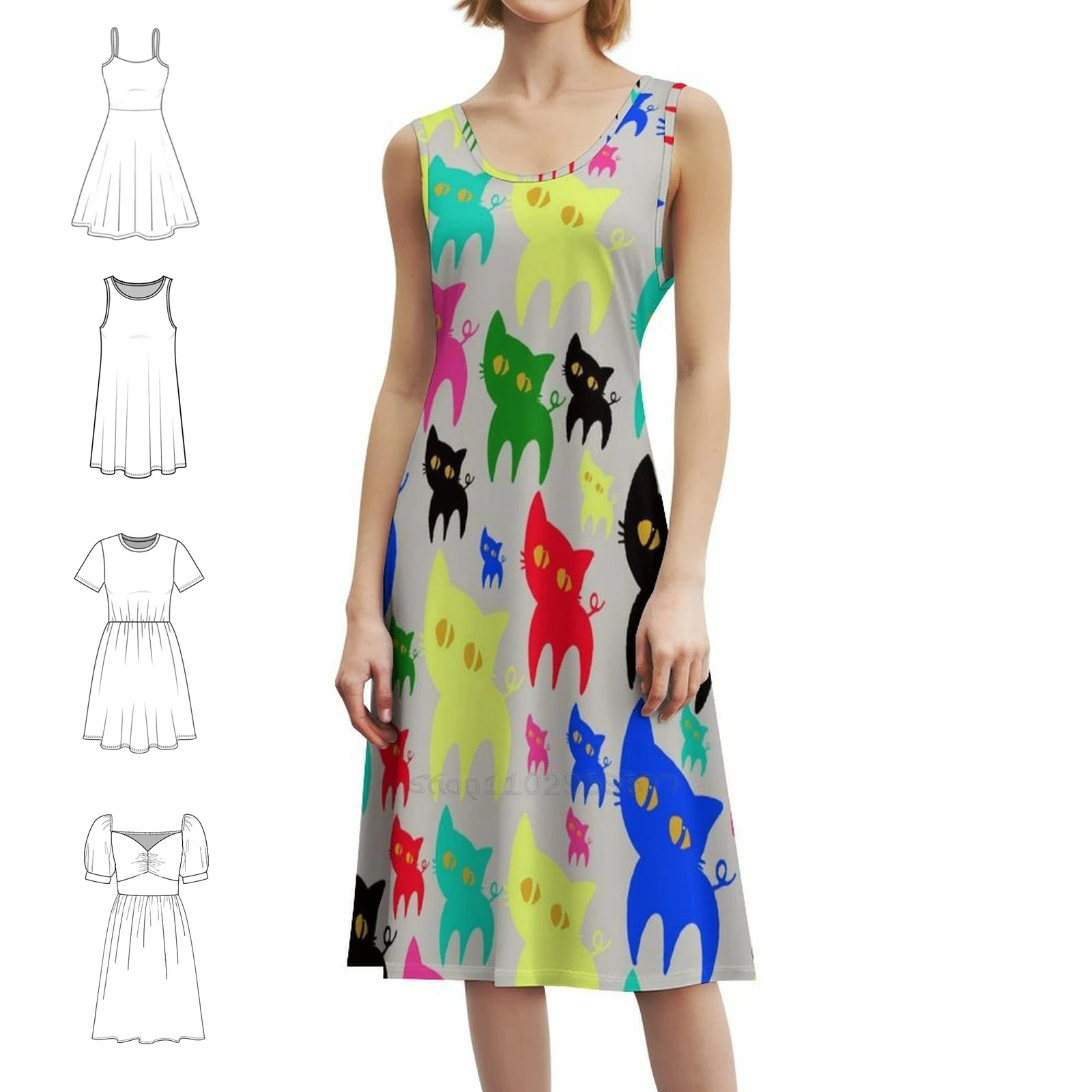 متعدد الألوان القطط البوهيمي فستان بلا أكمام متعدد طباعة شاطئ عطلة فستان الحفلات متعدد الألوان اللون القطط الكثير من النساء #1