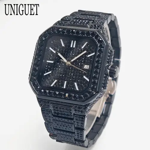 Imagen 1 del producto 2025 nuevo reloj helado negro para hombres marca UNIGUET moda reloj de cuarzo resistente al agua hombre Hip Hop joyería de diamantes reloj de pulsera cuadrado