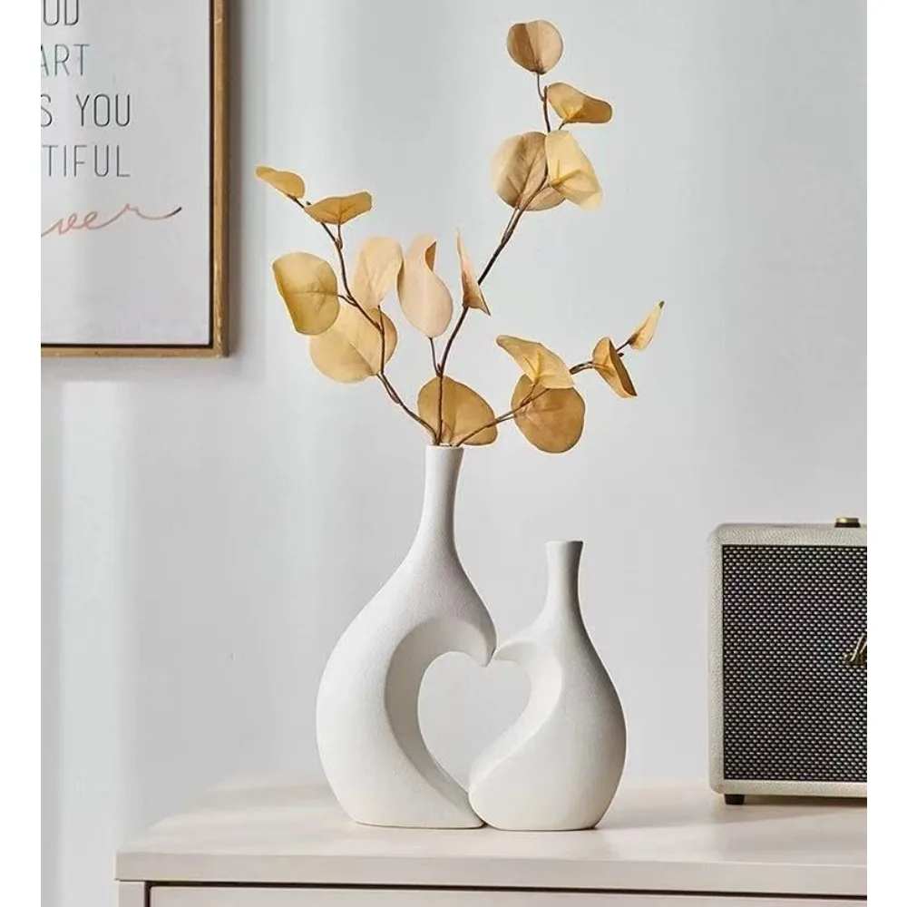 

White decorative vases, heart-shaped ceramic vase set (2 pieces), simple decorative vases
