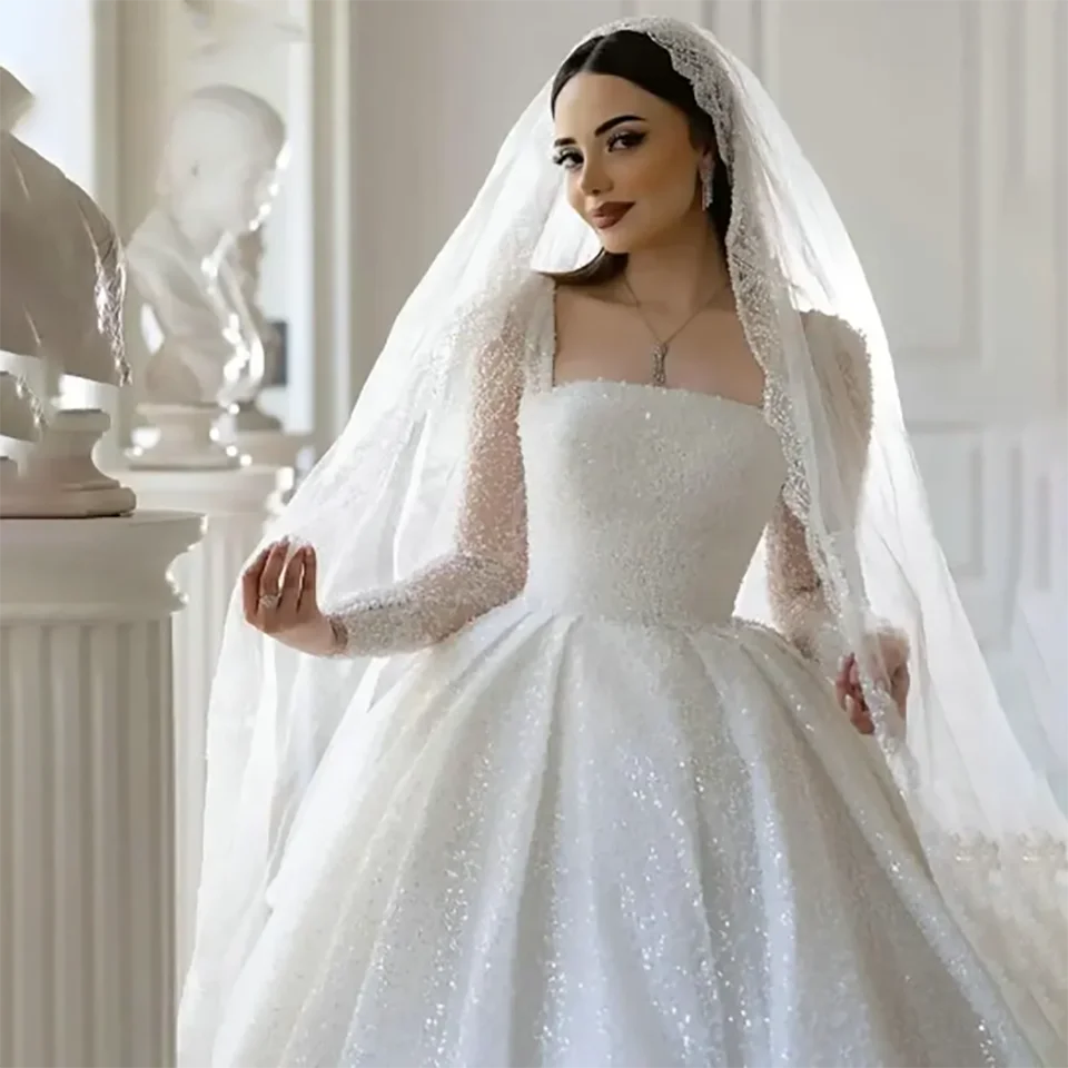 Customized Gorgeous Sparkly Beaded Sequin Boat Neck Ball Gown Wedding Dresses 2024 Long Sleeves Court Train Tulle Bridal Gowns