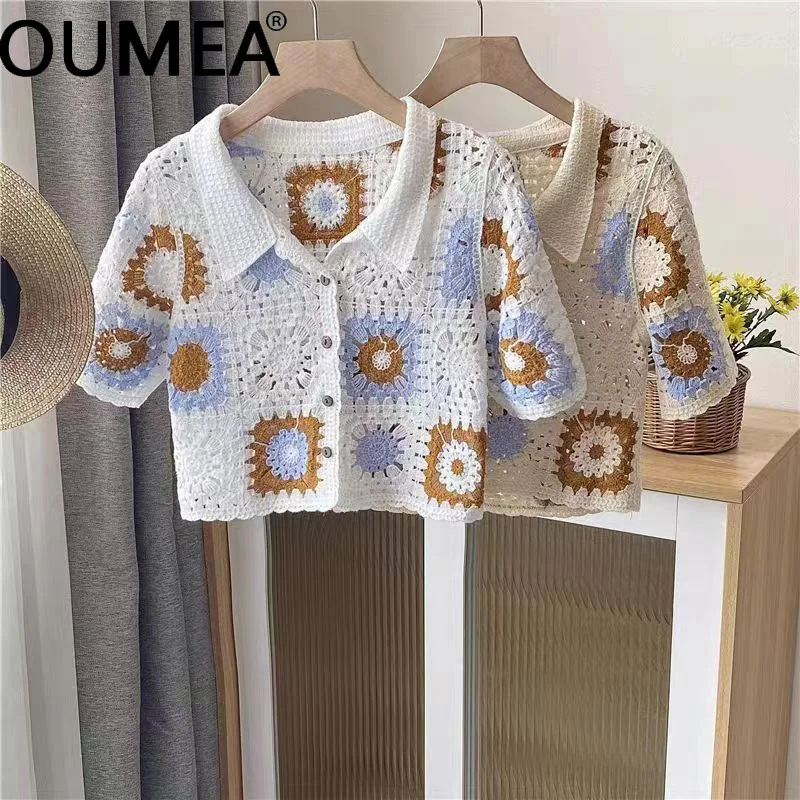 OUMEA Women Knitted Crochet Blouse Color Block Buttons Front Contrast Color Casual Tops Short Sleeve Openwork Chic Beach Tops