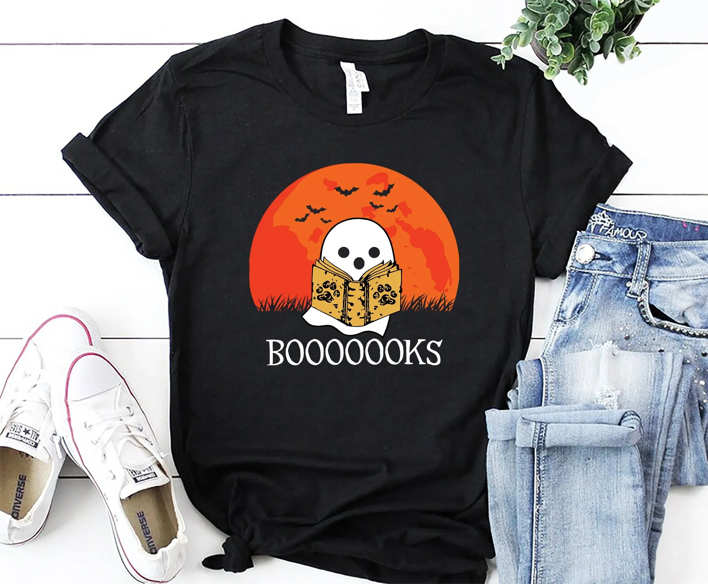 

Ghost Books Booooks T Shirt Halloween Reading Librarian Bookworm Party Teacher