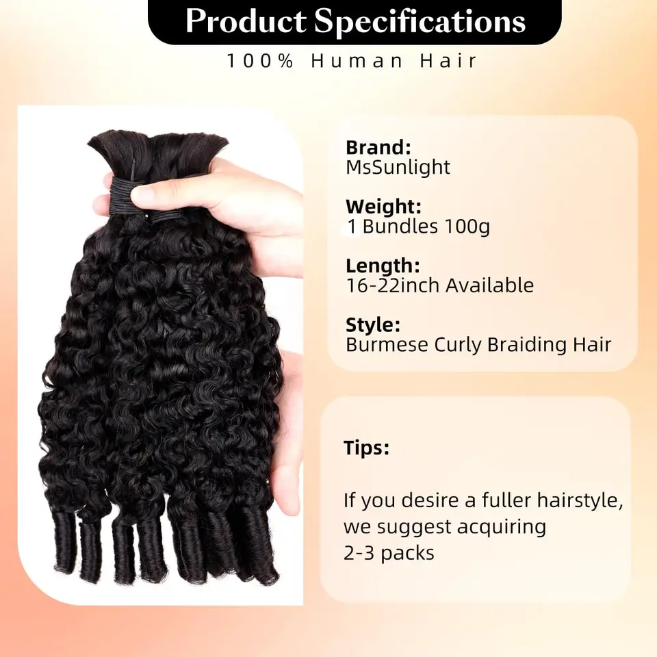 Cabello Humano Virgen para Trenzas Boho, Rizado Birmano con Puntas en Espiral, 3/4 Paquetes, 24-30 Pulgadas 4