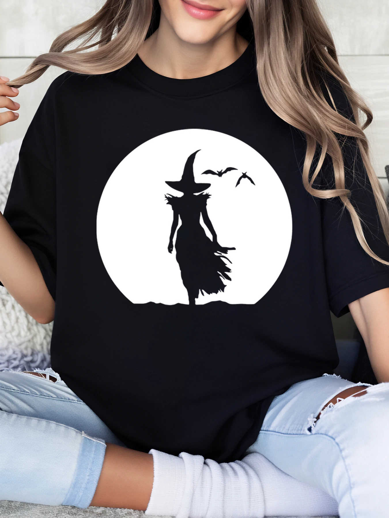 Koszulka damska z nadrukiem czarownicy, księżyca, na Halloween, codzienna, na imprezę, czarna, plus size