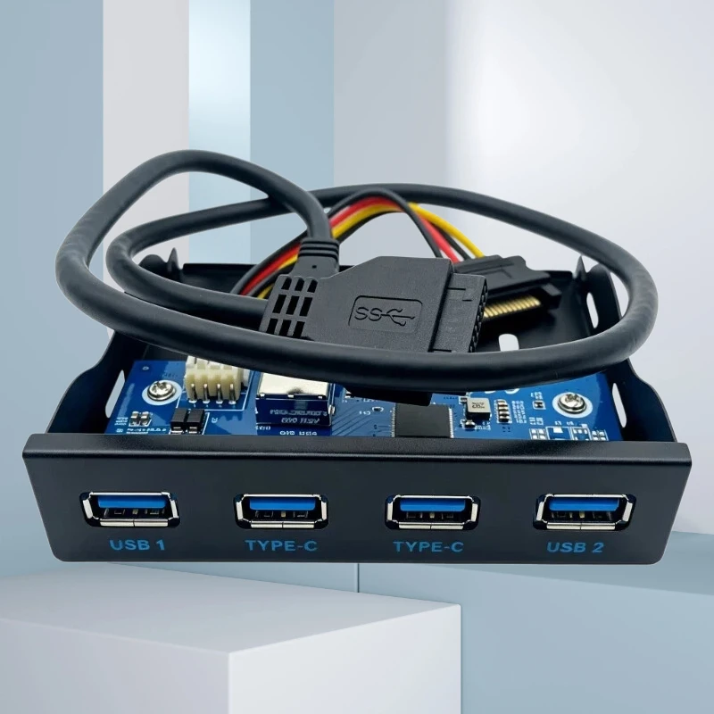 3.5 Inch Floppy Drive Bay USB 3.2 Gen2 Hub 19PIN Header to 2x Type-C + 2x Type-A Port 10Gbps Reversible Plug Desktop Front Panel