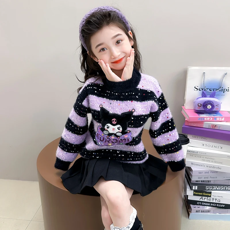 Anime Kuromi Melody Children Sweater Cinnamoroll Knit Sweater Kawaii Sanrios Autumn Winter Round Neck Pullover Bottoming Sweater