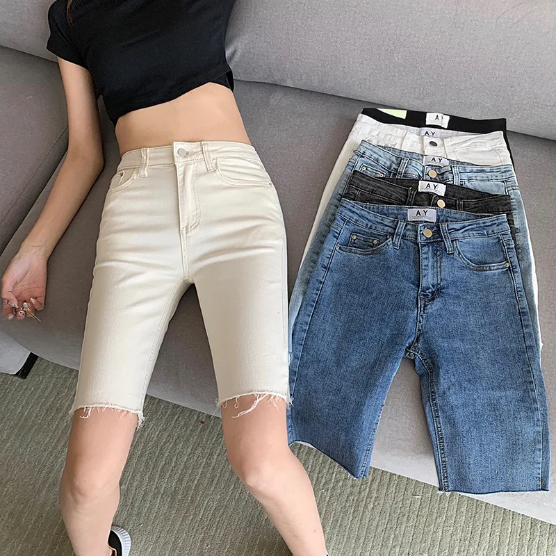 

2022 Summer Knee Length Skinny Denim Shorts Women Casual High Waist Sexy Stretch Black Jeans Shorts Femme Streetwear