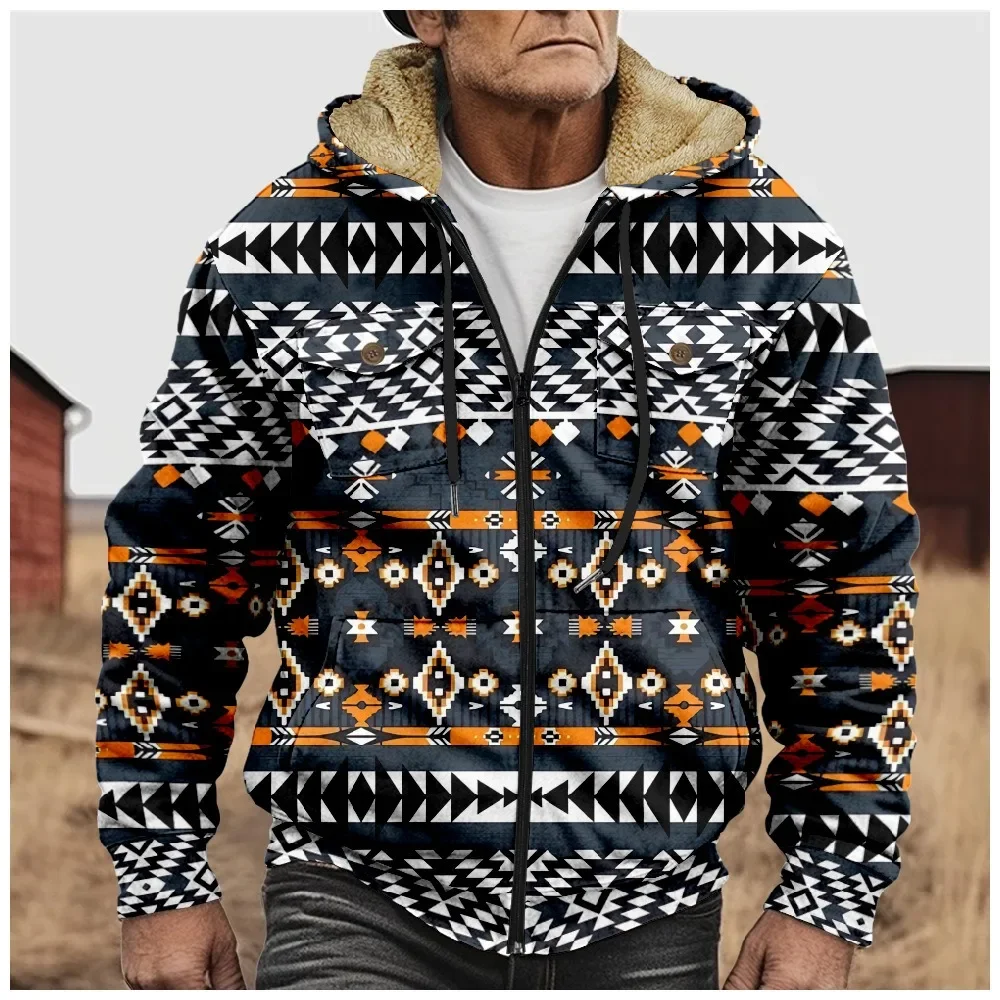 Men Winter Cardigans Aztecs Jackets Coats Printed Retro Geometric Art Graphics Plush Thick Hunting Streetwear Unisex Clothing