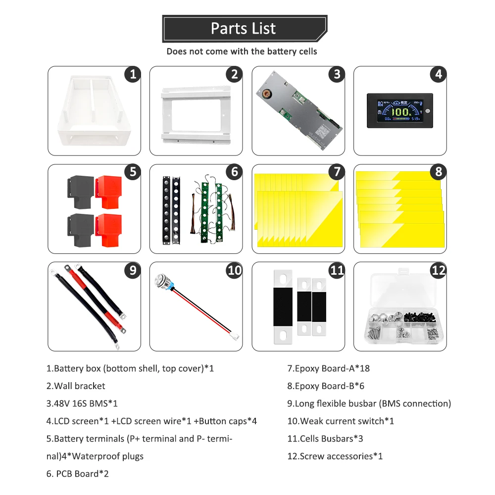 48V DIY battery Kits 16S 100ah LiFePO4 Battery Case with JK Smart BMS JK  51.2V Wall Mounted Box for EVE/CALB/CALT 100A cells