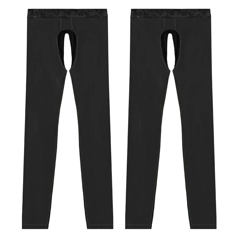 2 Open crotch thermal pants men's thin leggings middle-aged elderly long johns autumn and winter tight inner threads
