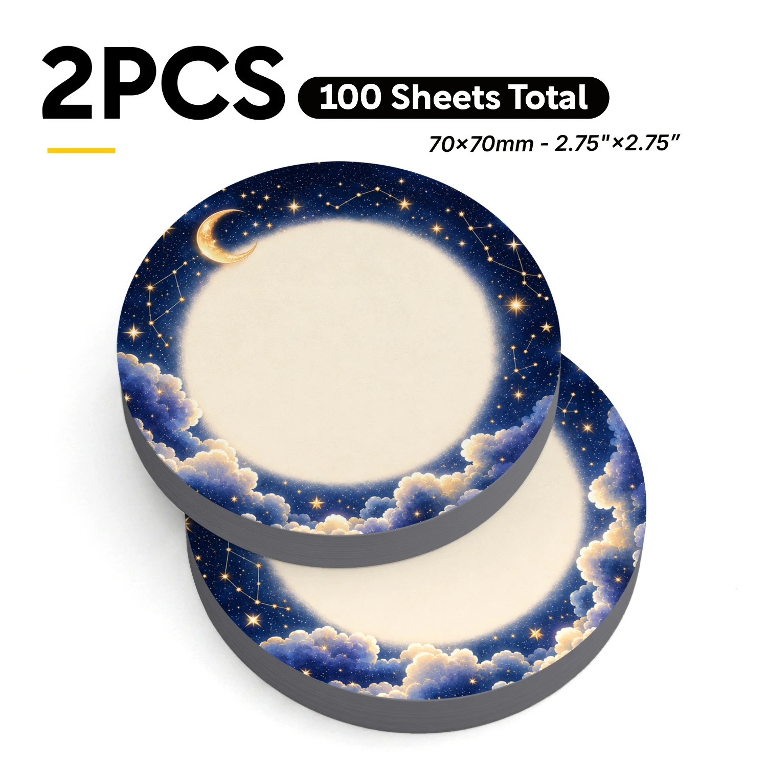 2PCS Starry Night Round Sticky Notes 100 Sheets Crescent Moon Constellation Cloud Memo Pads Office School Stationery