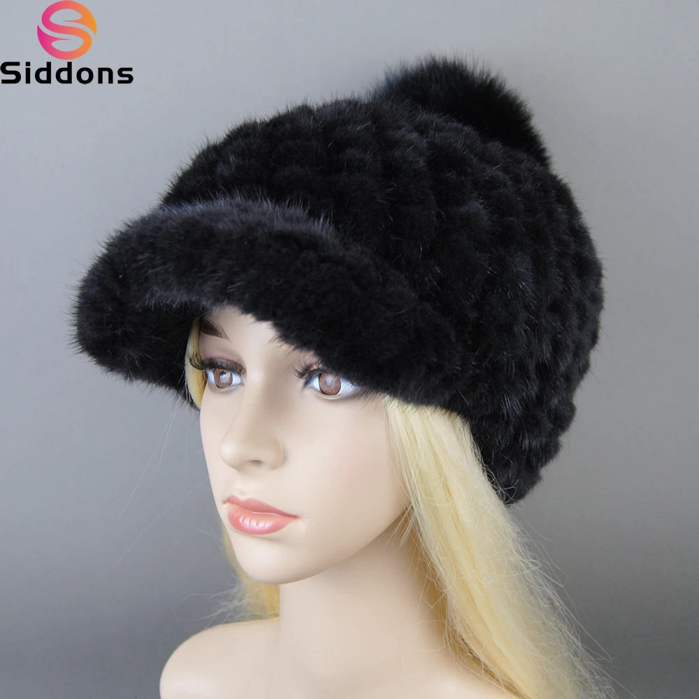 

New Women Fashion 100% Genuine Mink Fur Hats Russia Lady Winter Hand Knitted Real Mink Fur Hat Natural Warm Mink Fur Visors Cap