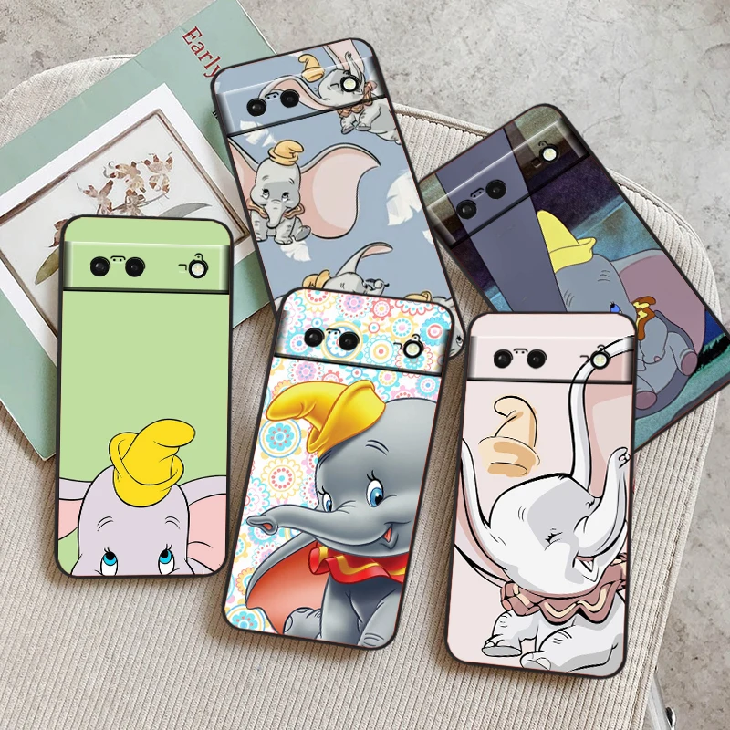 Cute Flying Elephant Dumbo For Google Pixel 9 8 7A 7 6A 6 5A 5 4 4A XL 5G Black Silicon Shockproof Shell Back Phone Case