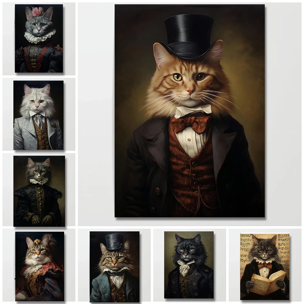 Renaissance Cat Portrait Black Cat Victorian Gothic Poster Canvas Painting Wall Art for Living Room Home Decor Cuadros Gift