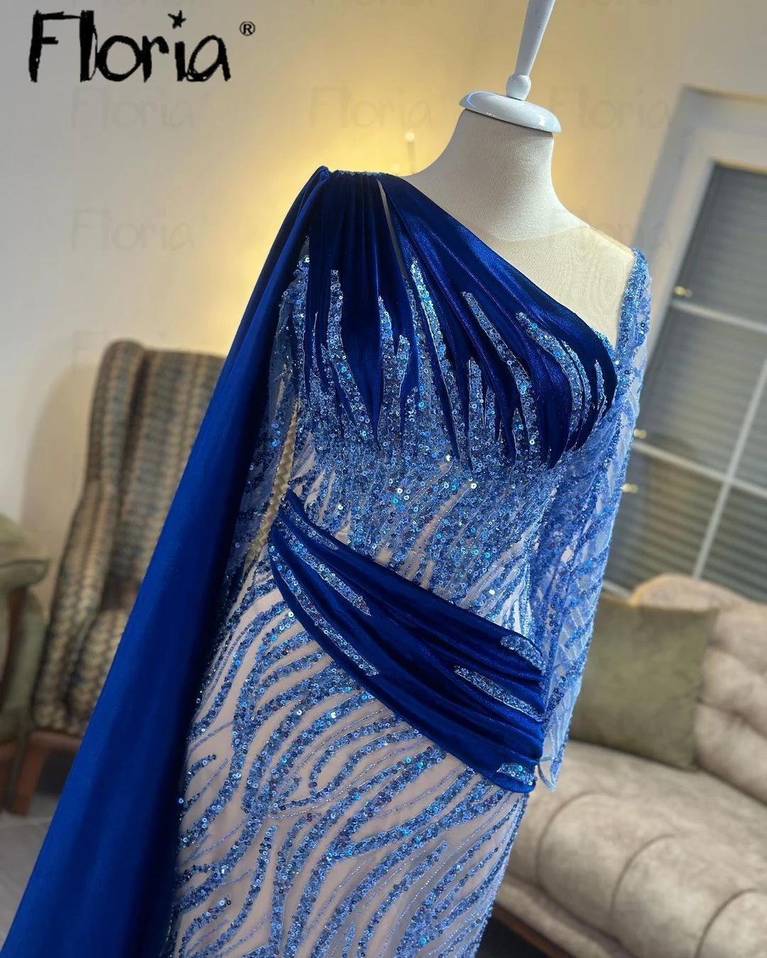 Robe de soirée bleu royal à manches longues pour femmes, robes de Rhde grande taille, cape de Dubaï, fête de mariage, une initiée, haute qualité