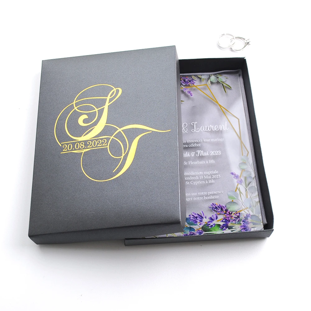 Customized Acrylic Wedding Invitation Card with Blank Box, Purple Flower Design, 10Pcs