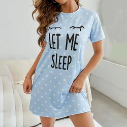 Cute Letter Polka Dot Printed Nightgown Nightdress Comfy Short Sleeve Sleep Dress with Round Neck Casual Sleepwear Loungewear