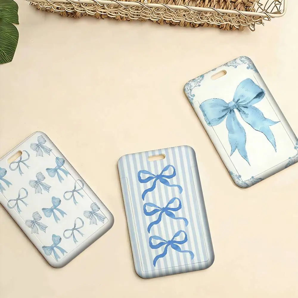 Simple INS Blue bow 1 Pcs Sliding ID Badge Holder with Clear Window ID Card Protector for Office School Staff Student