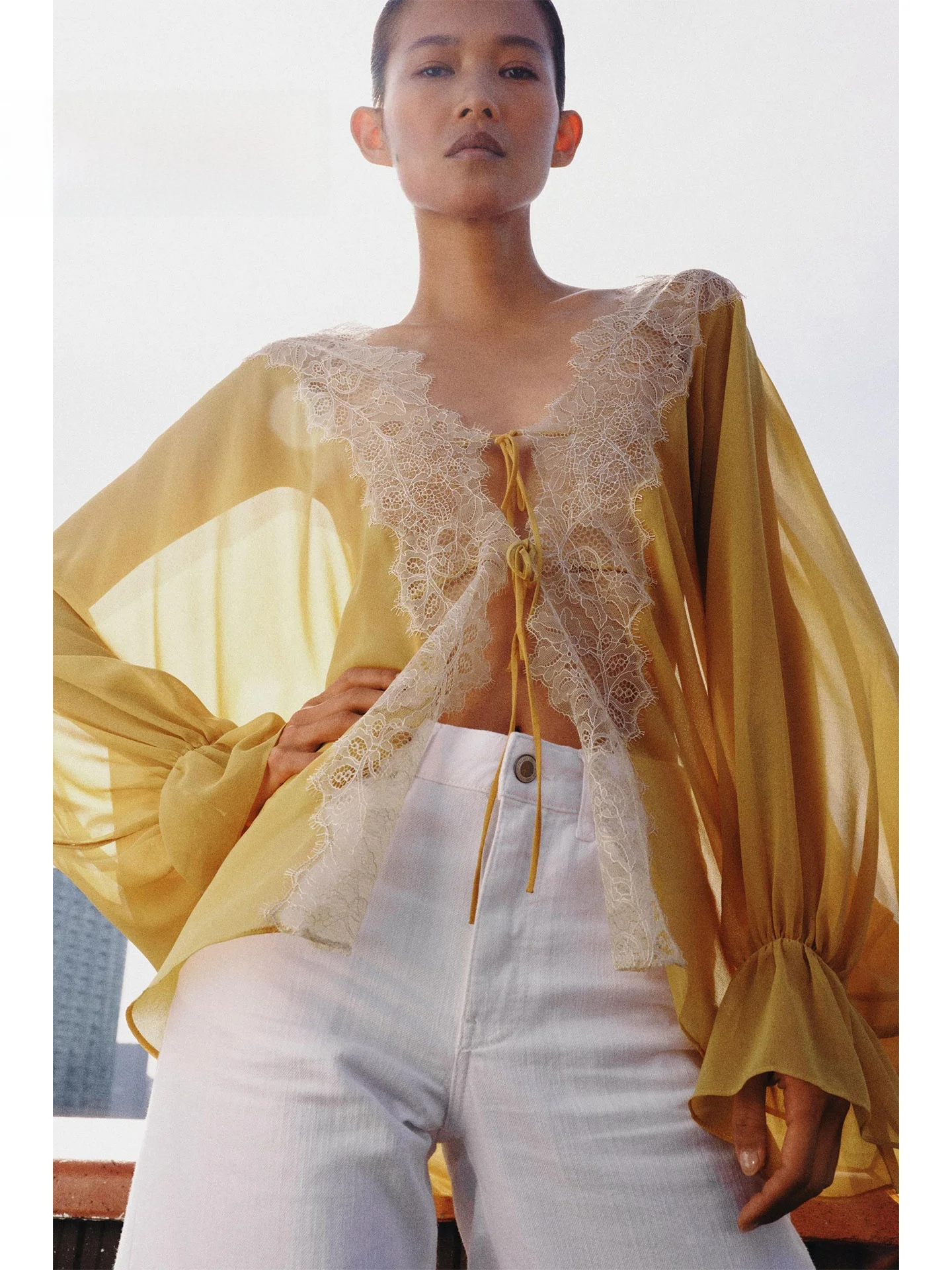 

Romantic Style Loose Women's Shirt Lace Splicing Belted Summer New Vintage Yellow Gingham Checkered Pattern Casual Blouse