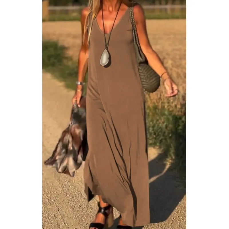 فساتين طويلة غير رسمية بحمالة ملونة لعام 2025 فستان نسائي صيفي مثير بياقة على شكل V فستان ماكسي للحفلات بدون أكمام فستان فضفاض للعطلات #5