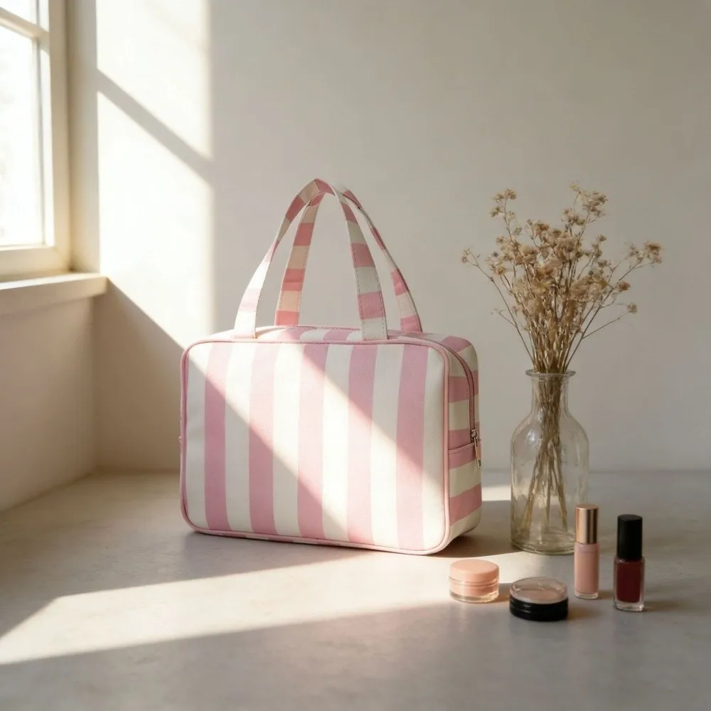 Large Capacity Striped Toiletry Storage Bag Multi Compartment Collapsible Travel Makeup Bag Durable Portable Cosmetic Pouch