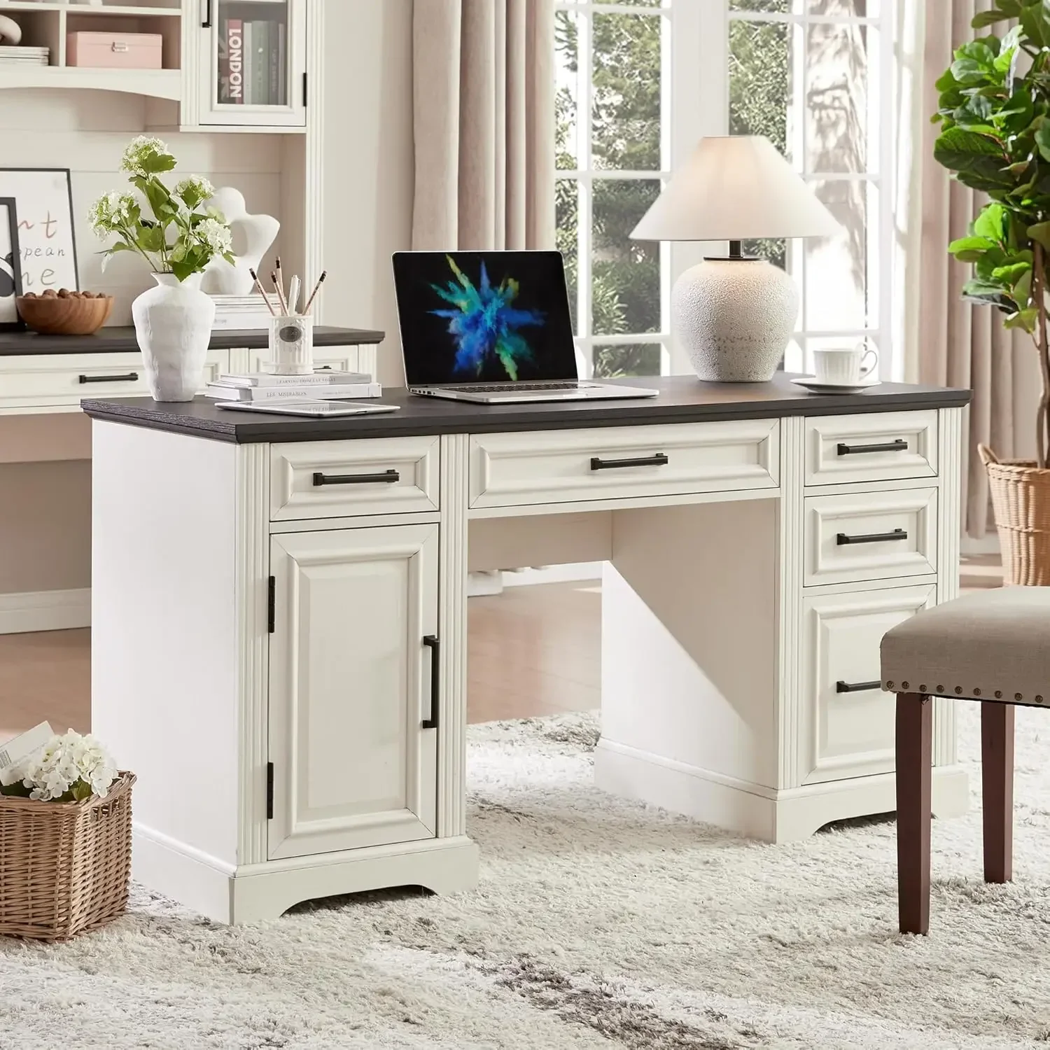 

58" Executive Desk, Farmhouse Computer Desk with Drawers and Cabinet, Embossed Texture Home Office Desk, Off White