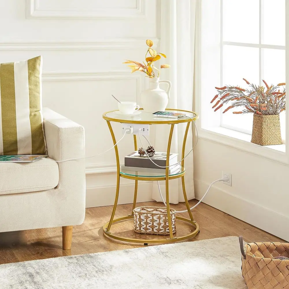 Round Coffee End Table with Charging Station, 2-Tier Small Accent Side Table with Glass Tabletop, Round Nightstand for Small Spa