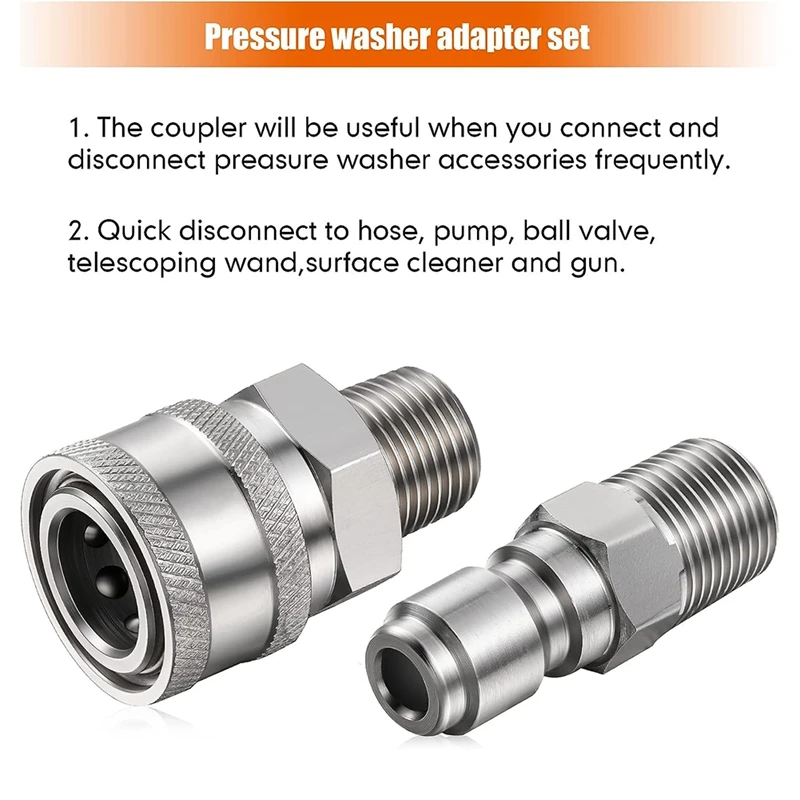 

8PCS Silver Stainless Steel Male Female Quick Connector Pressure Washer Adapters NPT 3/8 Inch (Internal & External Thread)