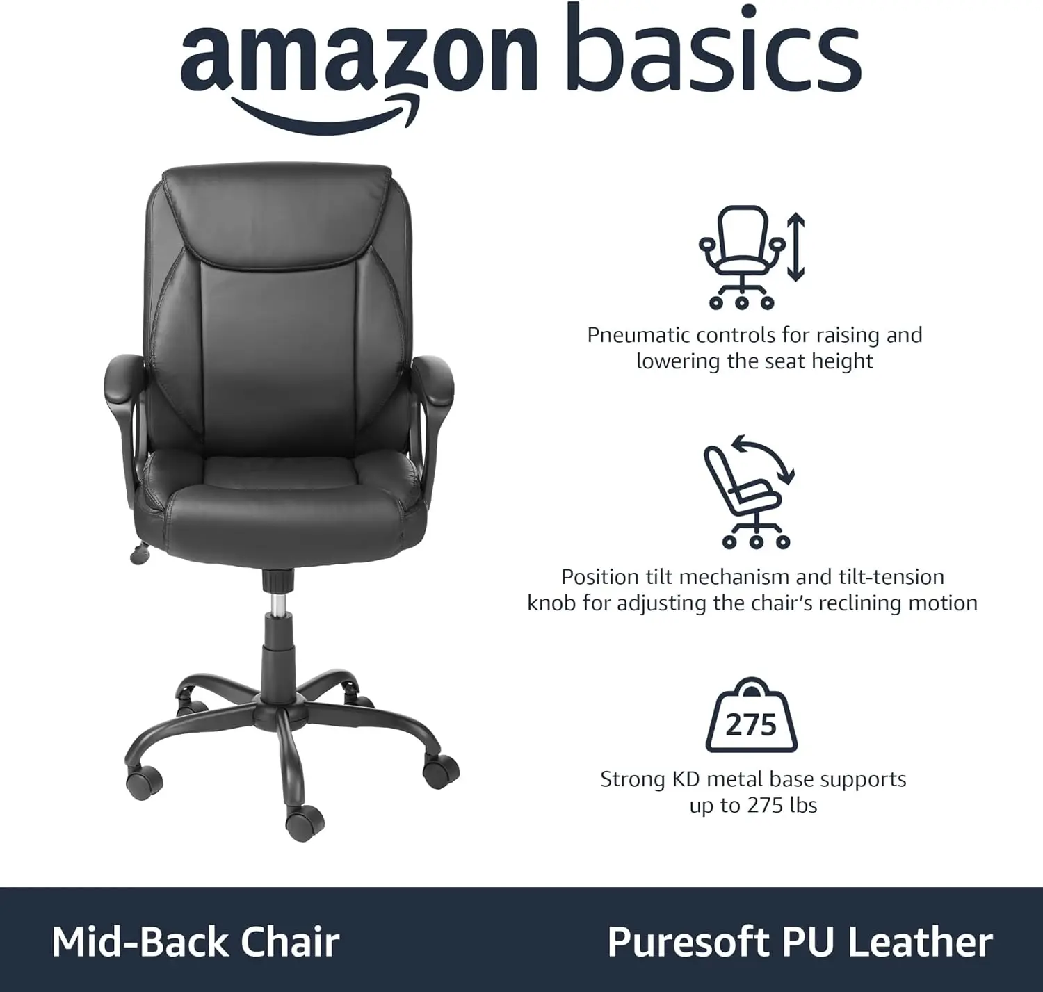 Classic Puresoft Pu Padded Mid-Back Height Adjustable Office Computer Desk Chair With Armrest, 26""D X 23.75""W X 42""H, Black