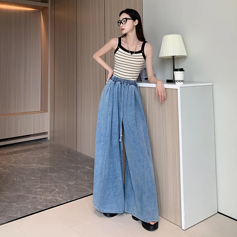

2025 Elastic Waist Loose-Fit Plus Size Women's Jeans Slimming Wide-Leg Ground-Length Simple Culottes Casual Pants Spring NEW