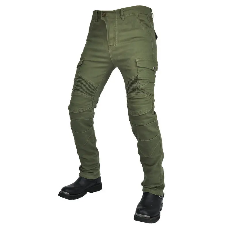 2026 Fashion Anti-Fall Motorcycle Riding Pants, Four-Season Stretch Denim Army Green Racing Trousers with Protective Gear