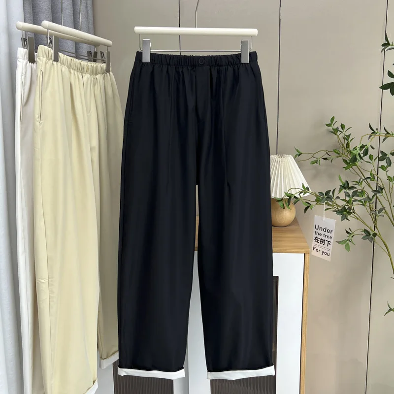 

Летние прямые брюки, новый стиль, женская одежда больших размеров, 100 кг, повседневные широкие длинные брюки с высокой талией 2520