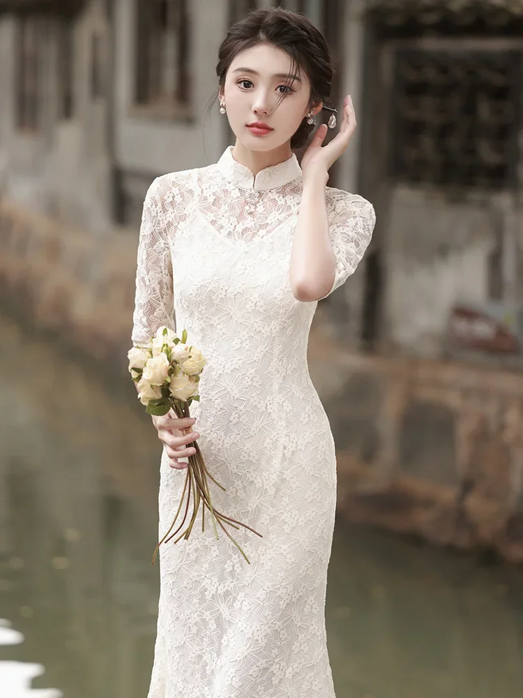 Cheongsam Dress Women's Slim Plus Size 2024 Spring Lace Hollow Splicing Stand Collar Chinese Style Qipao Fishtail Dresses Woman