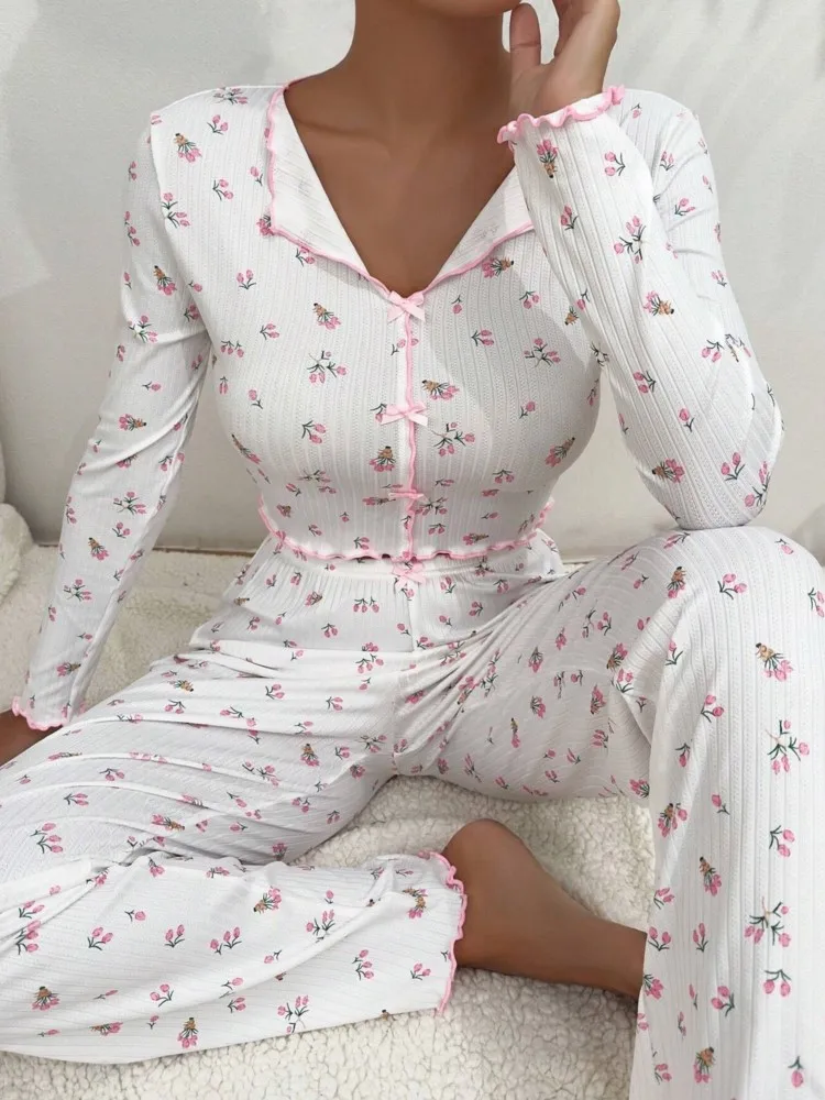 

Women's Floral Long Sleeve Pajama Sets Lapel Long Sleeve Top Elastic Waist Trousers Printed Loungewear Two-piece Set 2025 Autumn
