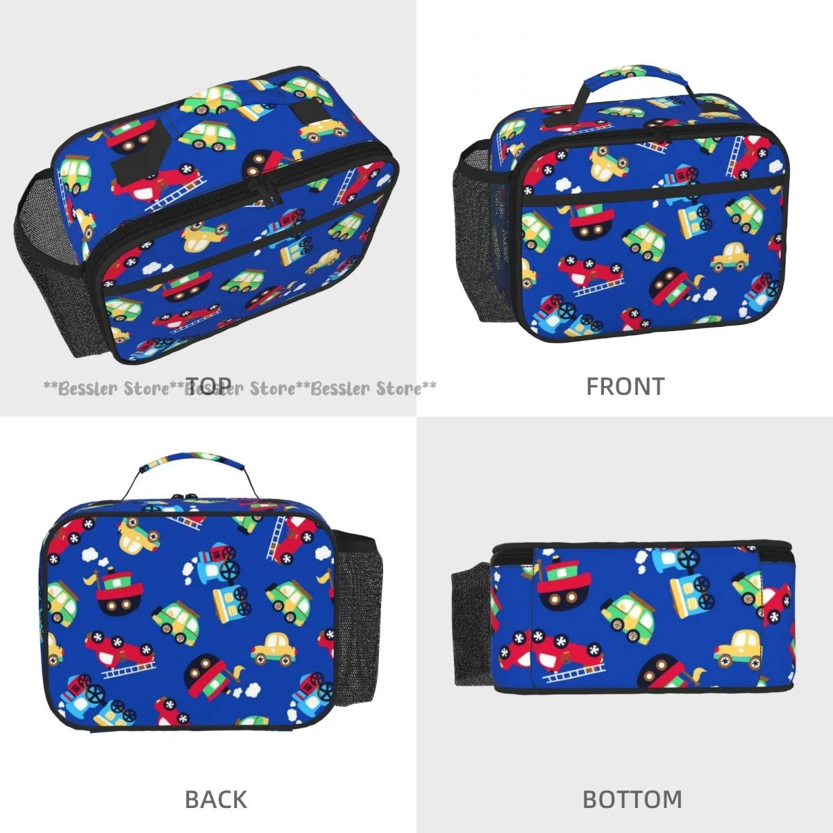 Portable Horizontal Insulated Lunch Tote Bag Tiny Transport Cars Pattern Thermal Food Storage Handbag