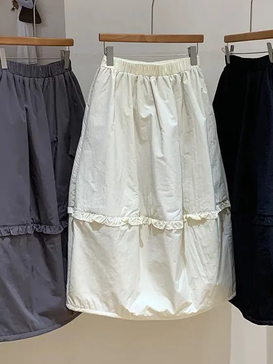 الكورية Sle بسيط القطن مزيج المرأة تنورة الربيع الصيف الخريف عالية الخصر ألف خط تنورة لباس غير رسمي زهرة برعم تنورة #3