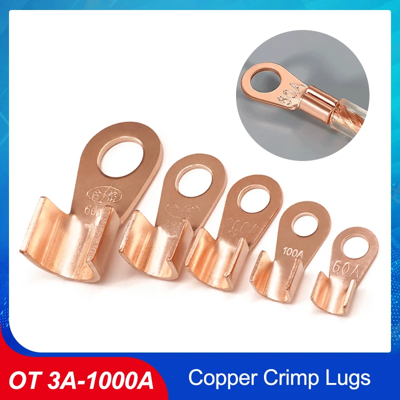 

2~50pcs OT Type Wire Terminals Open Mouth Copper Crimp Lugs 3A~1000A Red Bare Nose Battery Lug Ring Crimp Cable Connector