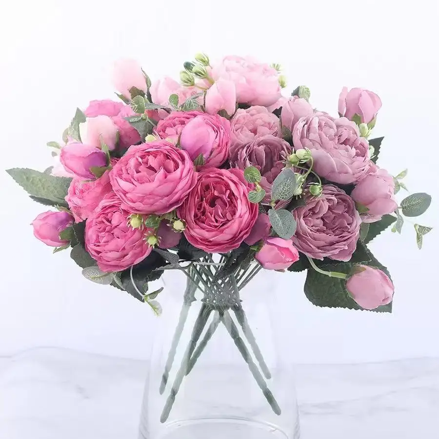 Ramo de flores artificiales de peonía de seda rosa de 30cm, 5 cabezas grandes y 4 capullos, flores falsas baratas para decoración de boda en el hogar, interior