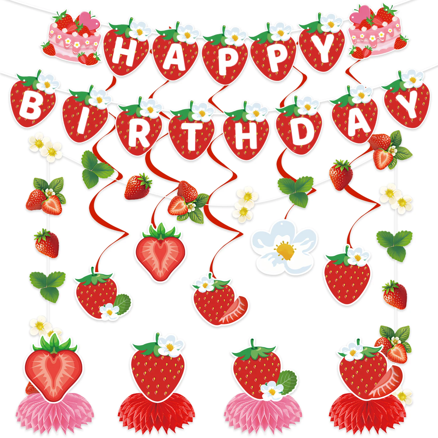 Erdbeer-Themen-Geburtstagsbanner für Kinder Süße Frucht-Blumen-Waben-Ornamente Babyparty Mädchen Feier Partydekoration – Detail 9