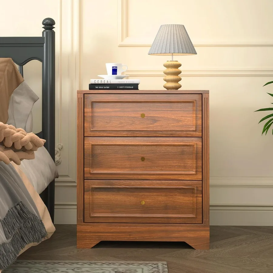 Farmhouse 3Drawer Nightstand with Carved Sides Wooden End Table with Stable Base 23ih Wide Bedside Table Small Dresser Chest of
