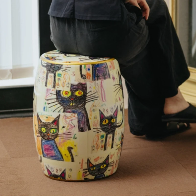 الفرنسية خمر نمط ملون رسمت باليد مقعد مستدير Schroddinger's القط طبل البراز رسمت السيراميك الحد الأدنى طاولة غرفة المعيشة