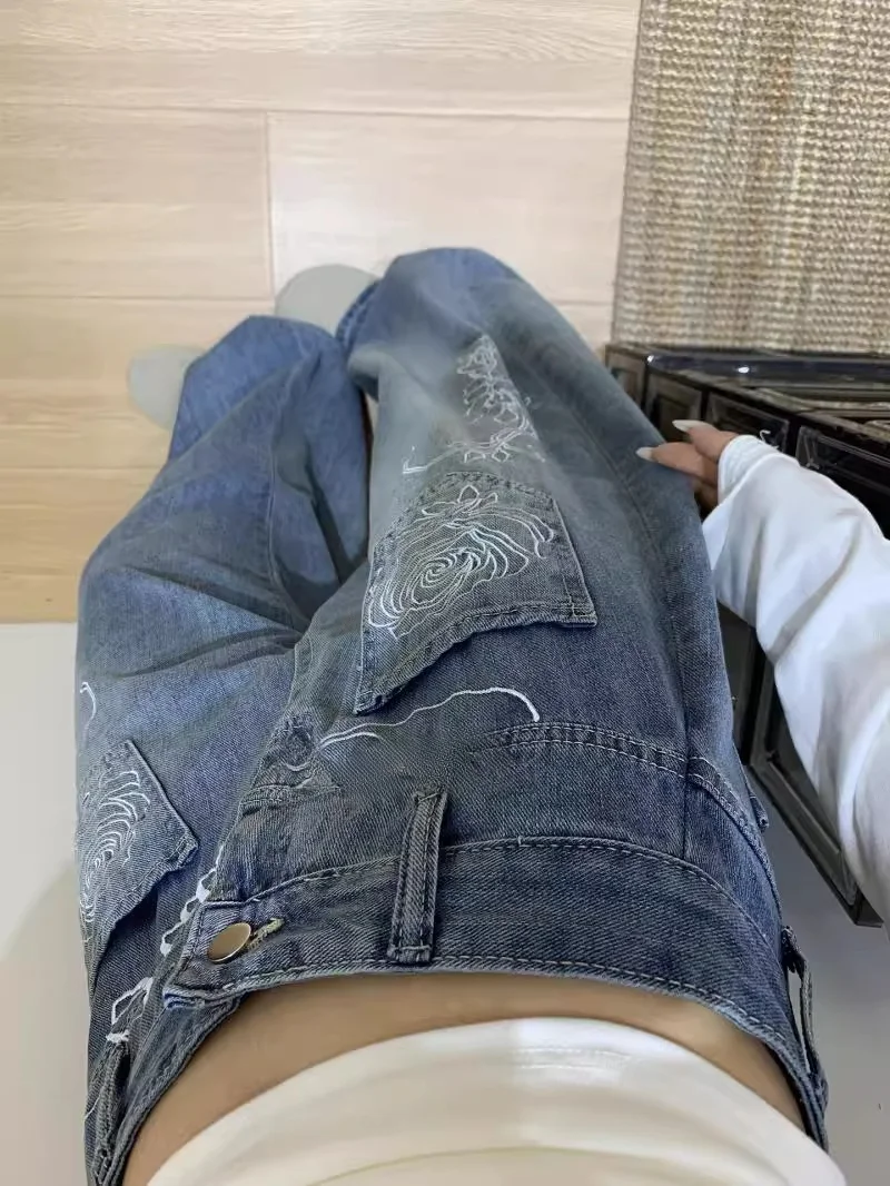 

Джинсы с вышивкой синих роз, унисекс, прямые широкие брюки, средняя посадка, на молнии, повседневные, молодежные