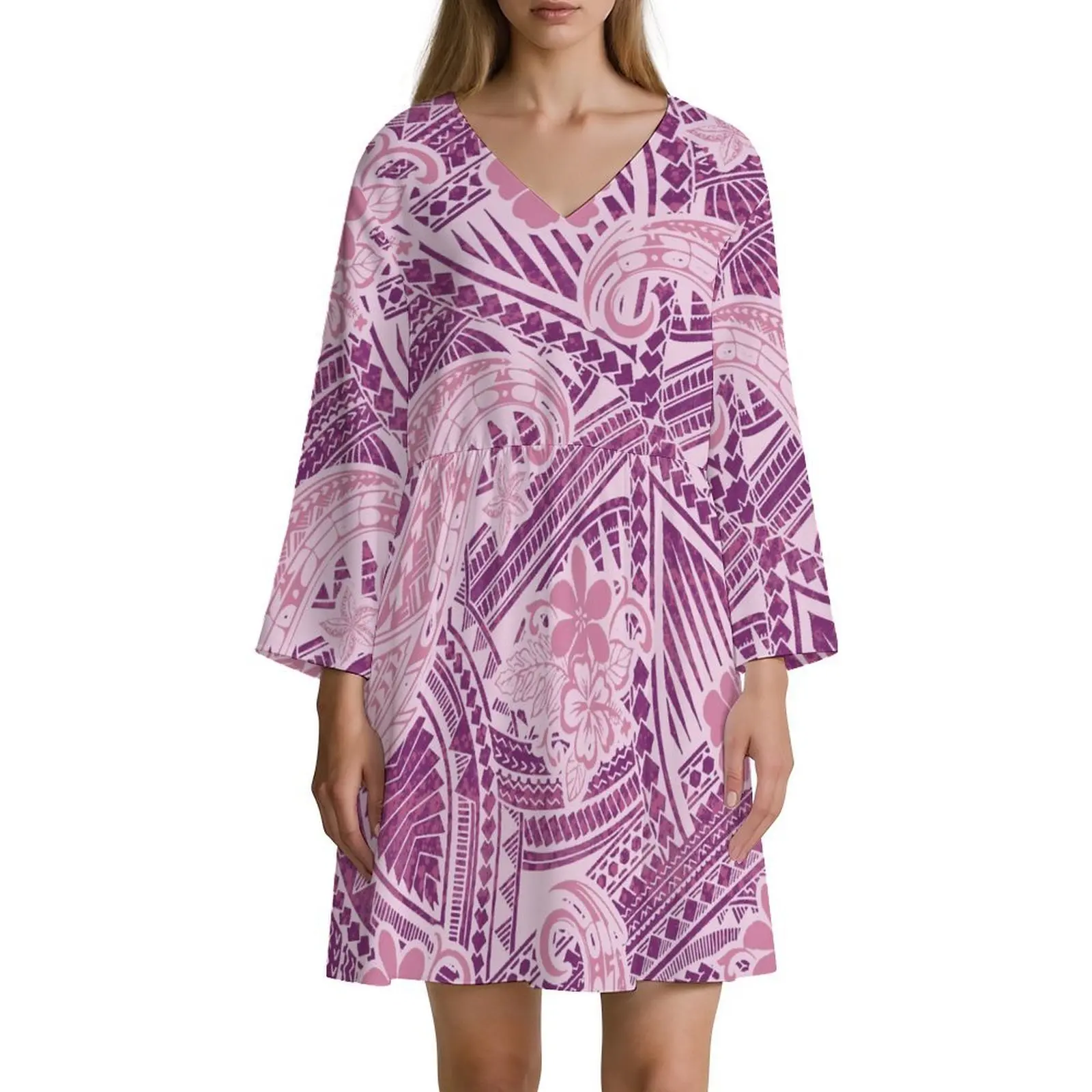 

Платье с v-образным вырезом и короткими рукавами на заказ для женщин, полинезийское Самоанское искусство, модная свободная короткая юбка с 3d принтом