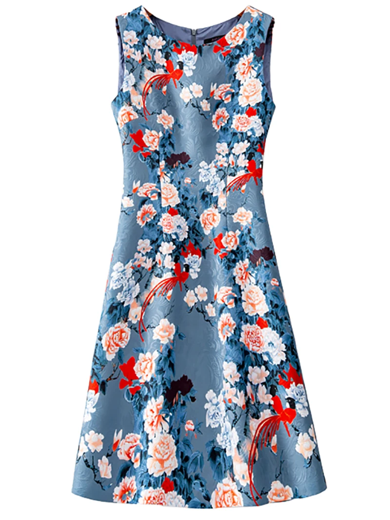 

Flower Print Women A-Line Dress Birds Sleeveless Round Neck Casual Dresses