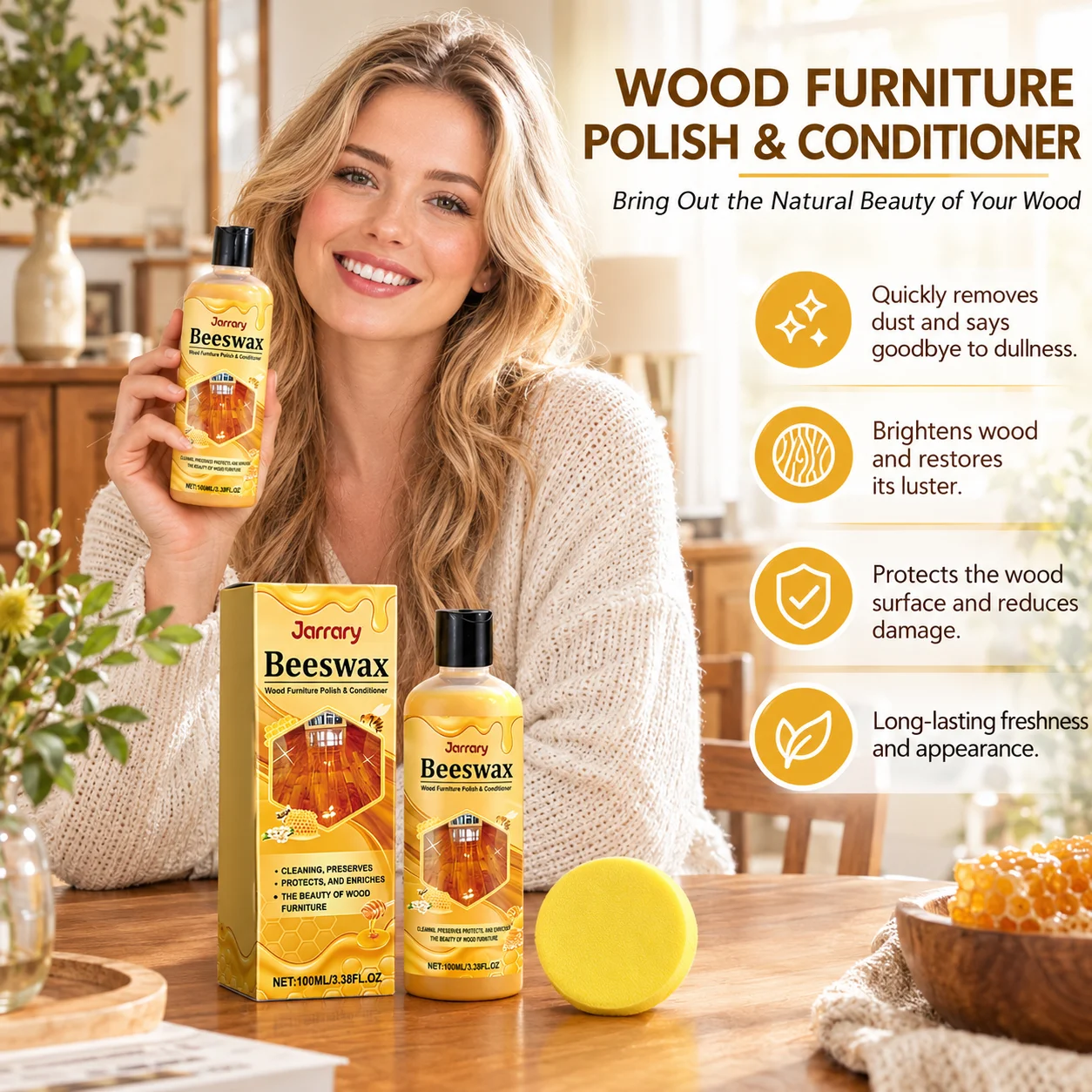 Jarrary Beeswax Wood Polish Wood Scratch Repair Natural Shine Waterproof Non Greasy Multipurpose Beeswax Furniture Polish 100ml