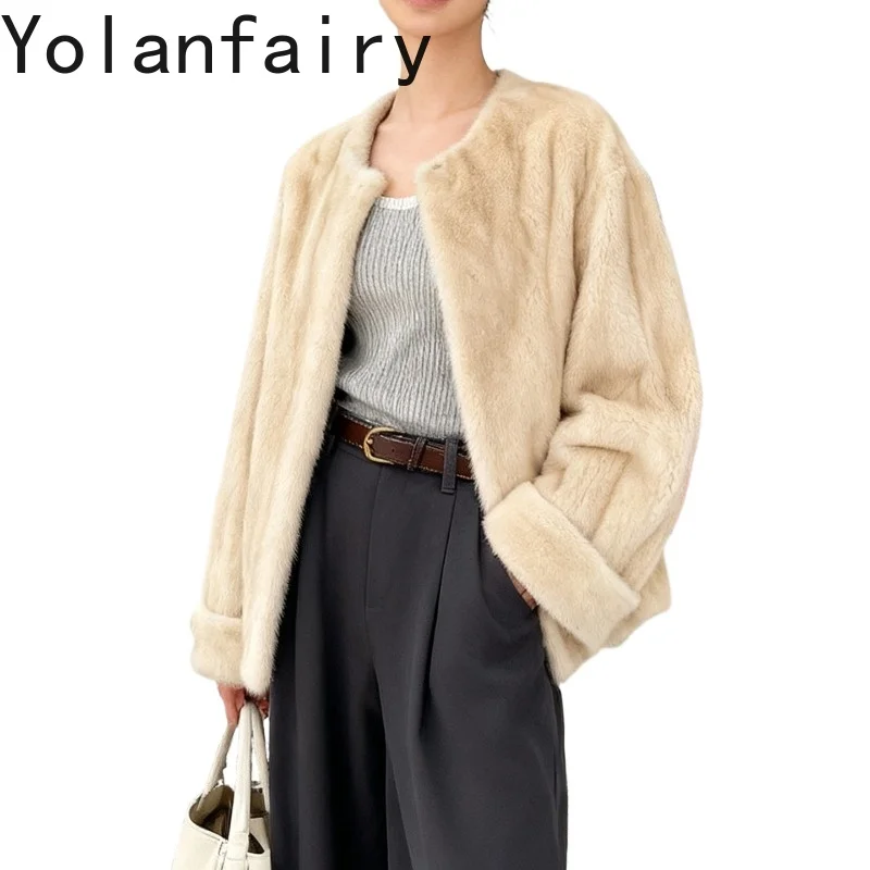 YOLANFAIRY 천연 모피 코트 여성용 럭셔리 겨울 진짜 밍크 퍼 자켓 우아한 O넥 퍼 코트 여성용 자켓