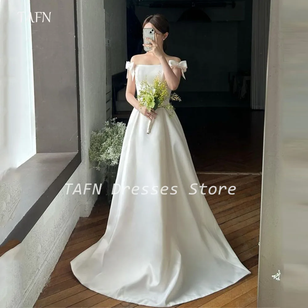 

TAFN Simple Bow Off Shoulder Korea Corset Wedding Photo Shoot A line Floor Length Elegant Satin Bridal Gowns 웨딩드레스 Custom Made