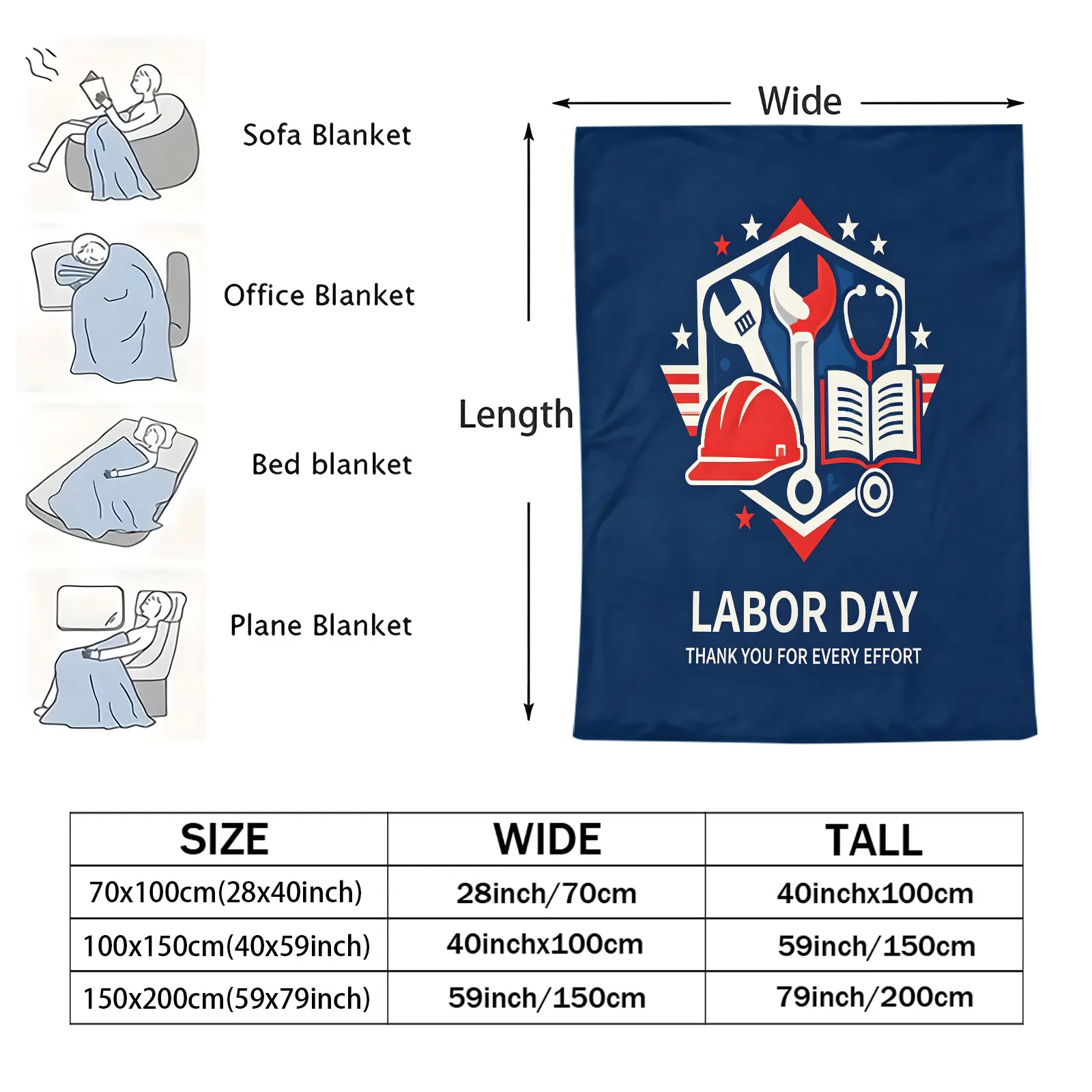 Labor Day Flannel Throw Blanket Wrench Hard‑hat Stethoscope Book Star Pattern Soft Microfiber Blanket Lightweight Warm for Sofa