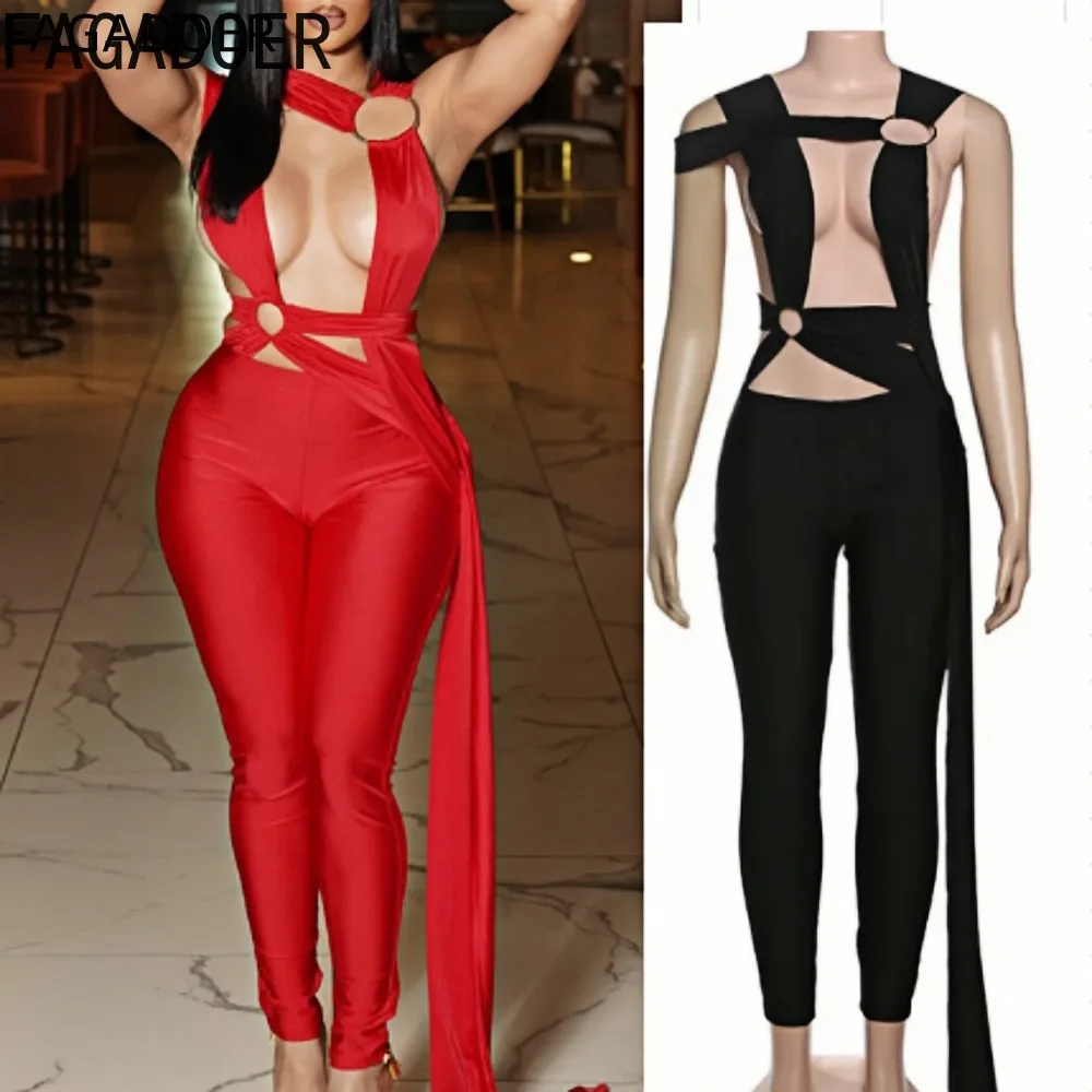 

FAGADOER Sexy Hollow Out Bodycon Jumpsuits for Woman Solid Color Bandage Patchwork Irregular Rompers Female Streetwear Overalls
