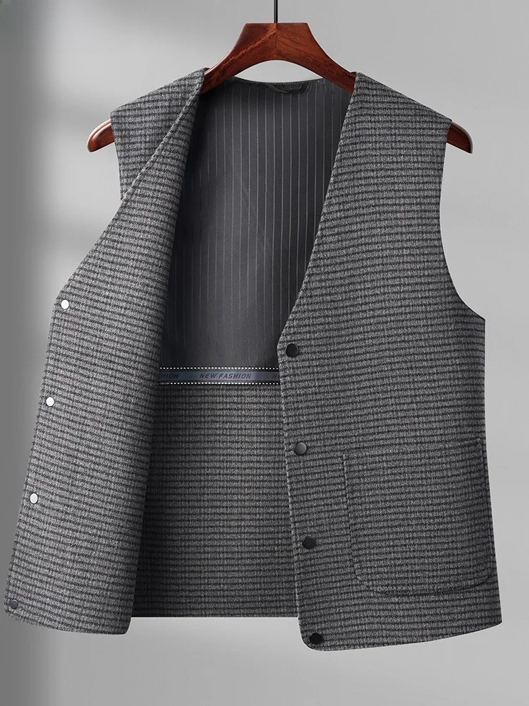 

Двусторонний шерстяной жилет для мужчин, кардиган, шерстяное пальто, осенне-зимний твидовый жилет, приталенный крой, декор с пуговицами в форме буквы V